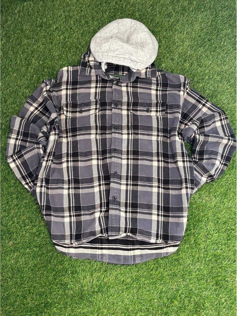 Vintage American Eagle Black Gray Cotton Flannel Hooded Shirt Jacket, sizeM